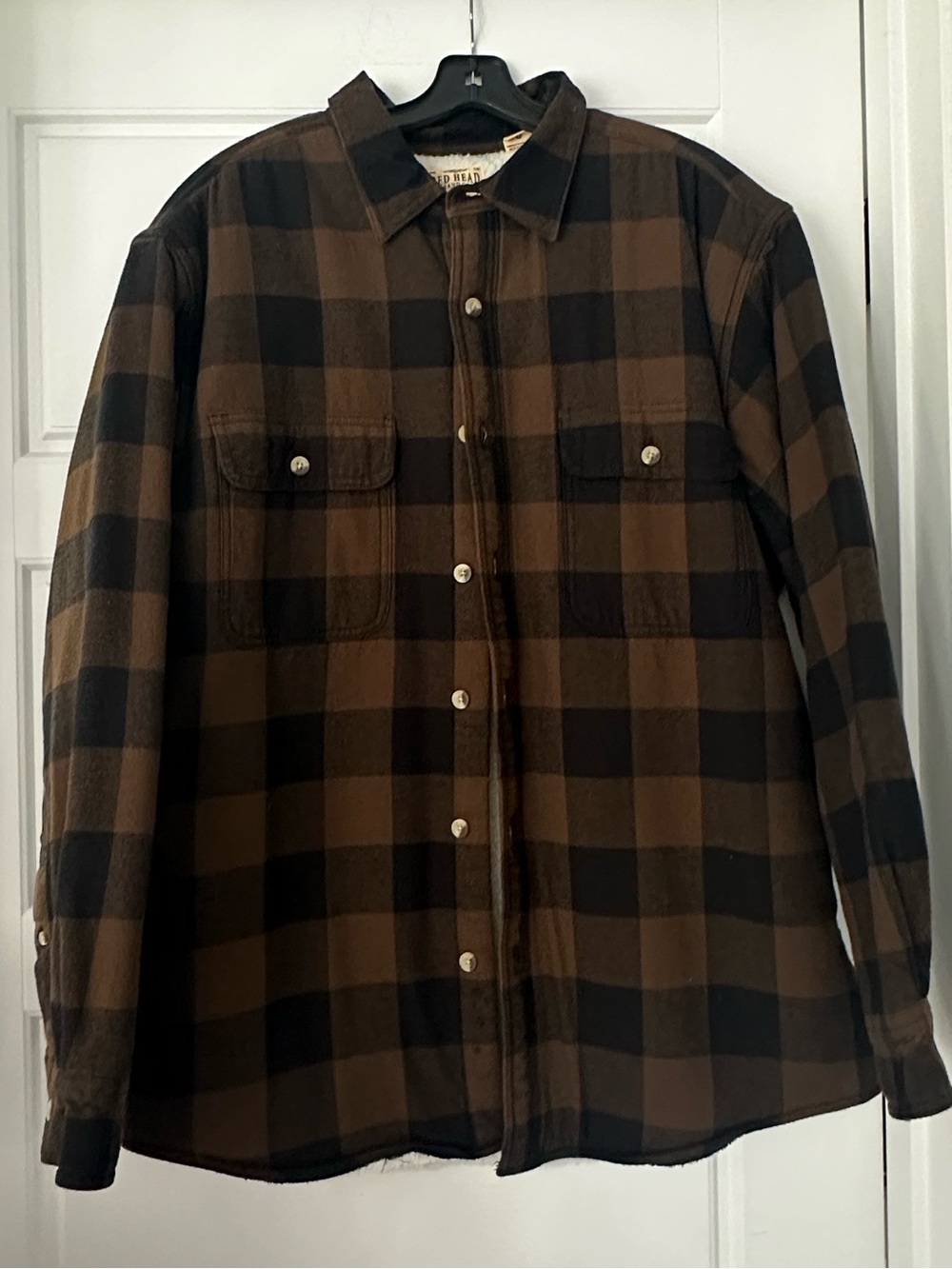 RedHead Mens Brown Black Buffalo Plaid Sherpa Lined Flannel Shacket